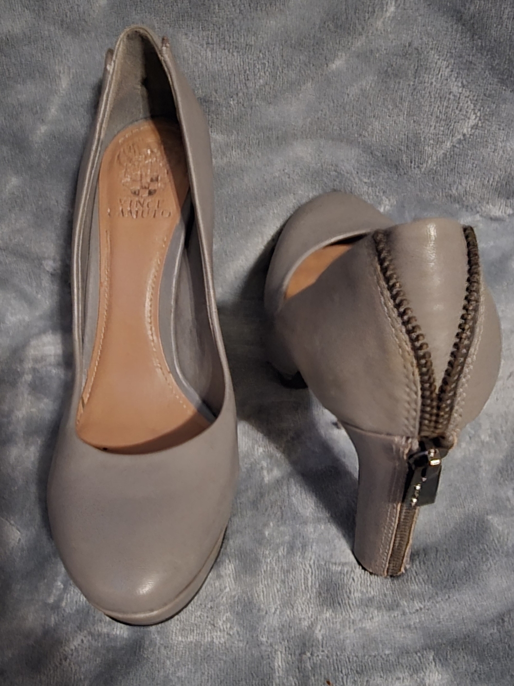 Vince Camuto Taupe Leather Zip-Back Heel Pumps